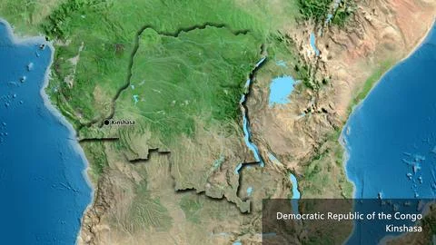 Shape of Democratic Republic of the Congo. Bevelled. Satellite. Labels Illustrazione stock