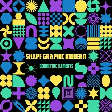 Shape element sticker. Graphic abstract geometric elements and flower, round and Illustrazione stock