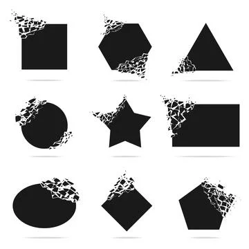 Shape explosion. Destructive shapes, shatter triangle, square, round. Isolated Stock Illustration