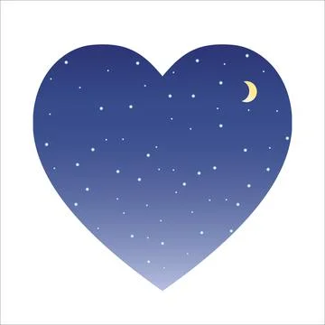 Shape of a heart in blue. Starry night sky or falling snow and moon, beautifu Illustrazione stock