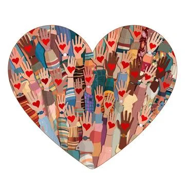 Shape of a heart containing raised hands of volunteer people holding a heart Stock Illustration