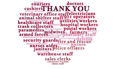 Shape of a heart word cloud, essential workers and frontline workers, COVID-19 Stock Illustration