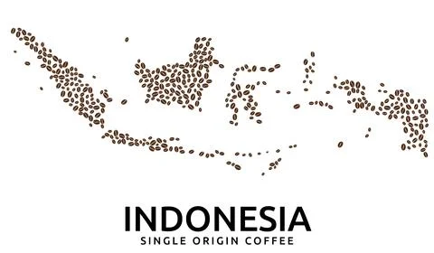 Shape of Indonesia map made of scattered coffee beans, country name below Stock-Illustration
