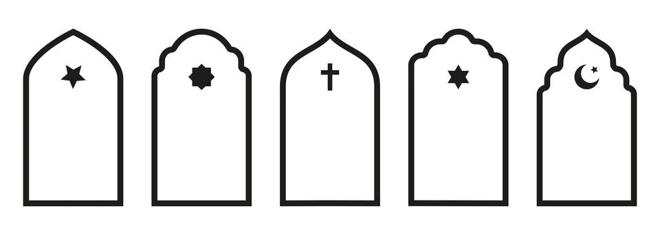 Shape Islamic door and window silhouette Arabic arch with symbols . Collection Illustrazione stock