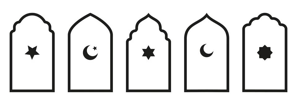 Shape Islamic door and window silhouette Arabic arch with symbols . Collection Stock Illustration