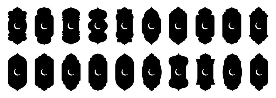Shape Islamic door and window silhouette Arabic arch with crescent moon Stock Illustration