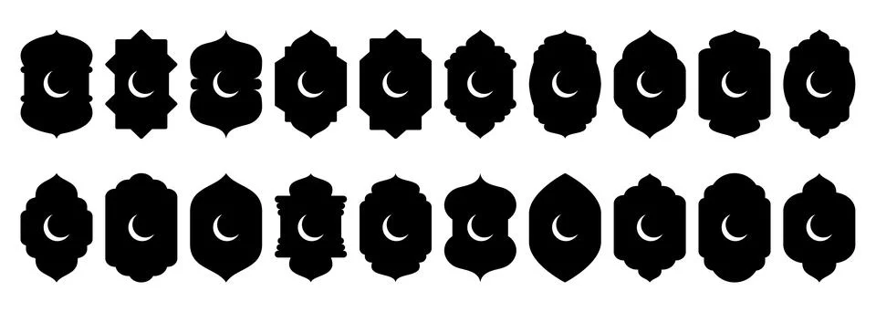 Shape Islamic door and window silhouette Arabic arch with crescent moon Stock Illustration