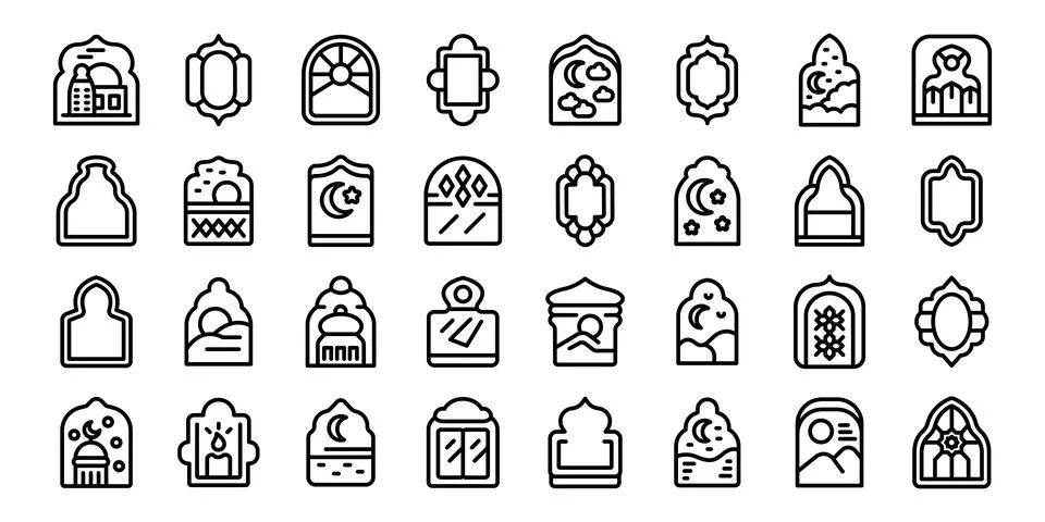 Shape islamic window icons set outline vector. Islam frame Stock Illustration