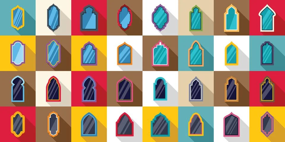 Shape islamic window icons set. Various colorful arabic window frames showcas Illustrazione stock
