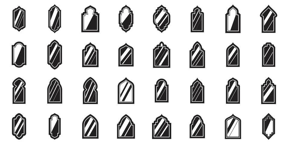 Shape islamic window icons set. Different shapes and styles of ornate, arched Illustrazione stock