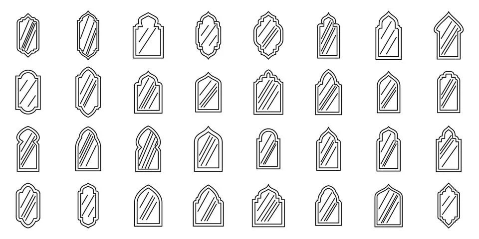 Shape islamic window icons set. Collection of mirrors featuring diverse arabi Stock Illustration