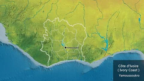 Shape of Ivory Coast with regional borders. Topographic. Labels Stock Illustration