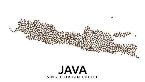 Shape of Java island map made of scattered coffee beans, name below Stock Illustration