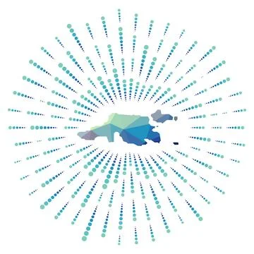 Shape of Jost Van Dyke, polygonal sunburst. Map of the island with colorful.. Illustrazione stock