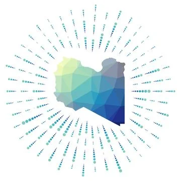 Shape of Libya, polygonal sunburst. Map of the country with colorful star r.. Stock Illustration