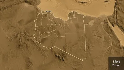Shape of Libya with regional borders. Sepia elevation. Labels Stock Illustration