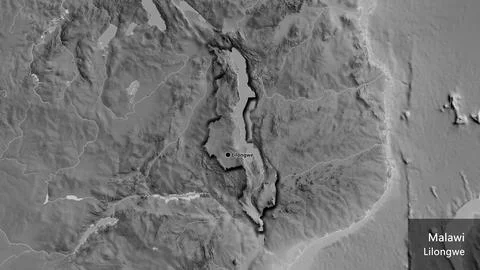 Shape of Malawi. Bevelled. Grayscale. Labels Stock Illustration