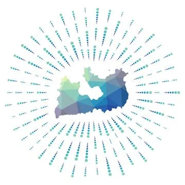 Shape of Milos, polygonal sunburst. Map of the island with colorful star ra.. 스톡 일러스트