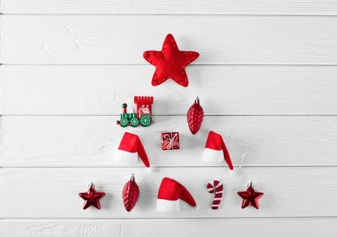 Shape of New Year tree lay out with different christmas objects 스톡 사진