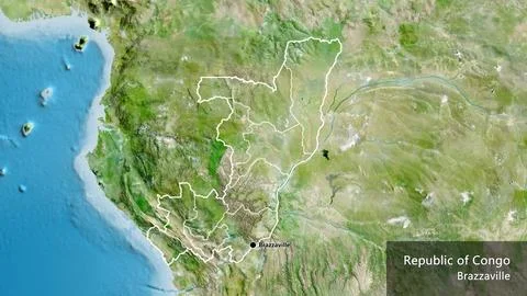 Shape of Republic of the Congo with regional borders. Satellite. Labels Stock Illustration