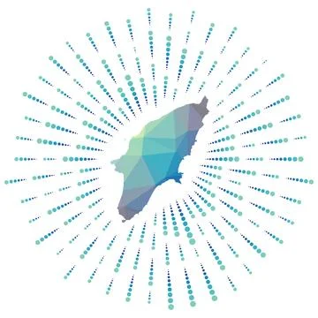 Shape of Rhodes, polygonal sunburst. Map of the island with colorful star r.. Stock Illustration
