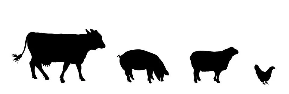 Shape shadow farm animals set vector silhouette Stock Illustration