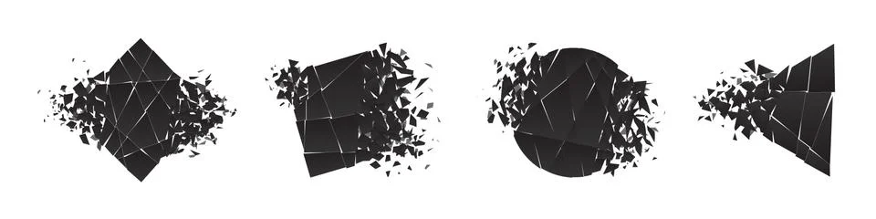 Shape shattered and explodes flat style design vector illustration set Illustrazione stock