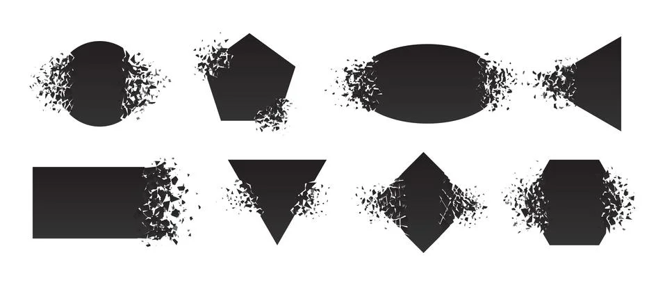 Shape shattered and explodes flat style design vector illustration set. Stock Illustration