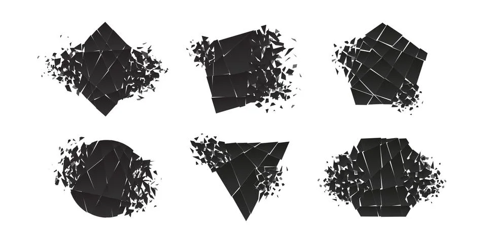 Shape shattered and explodes flat style design vector illustration set isolated Stock Illustration