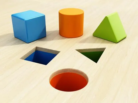 Shape sorter puzzle toy with square, circle and triangle shapes. 3D illustrat Stockillustratie