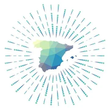 Shape of Spain, polygonal sunburst. Map of the country with colorful star r.. Illustrazione stock
