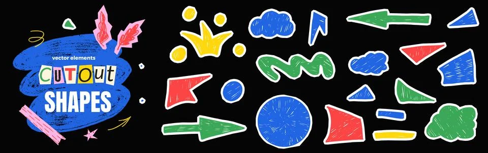 Shape sticker set with organic abstract geometric figures and childish papercut Stock Illustration