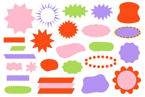 Shape stickers vector set. Colorful blank starburst, blob, oval, ribbon and Ilustración de archivo