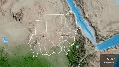 Shape of Sudan with regional borders. Satellite. Labels Stockillustratie