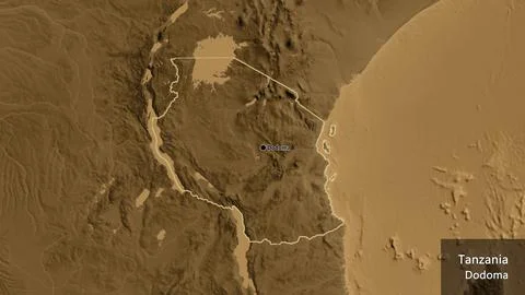 Shape of Tanzania. Outlined. Sepia elevation. Labels Stock Illustration