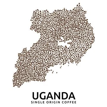 Shape of Uganda map made of scattered coffee beans, country name below Stock Illustration