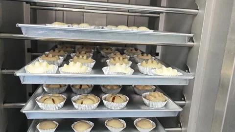 Shaped raw bread dough in aluminum foil cups on baking racks. Vídeo Stock 344035788