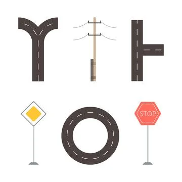 Shaped Road Intersection, Roundabout, Traffic Road Sign and Electricity Pylon as Stock Illustration
