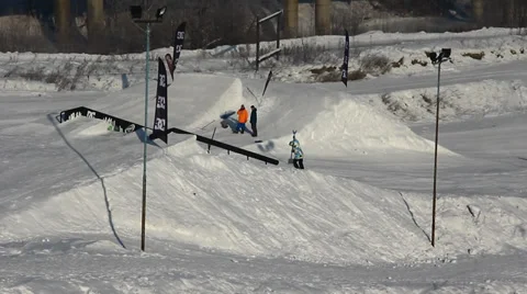 Shapers in snow park Stock Footage 35498395