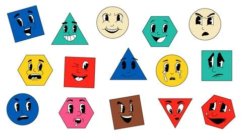 Shapes with retro faces. Abstract geometric figures with cartoon facial emotion Stock Illustration