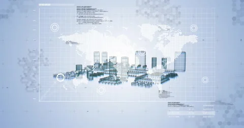Shapes rising from world map into skyline graph plotting trend grid merging into Stock Footage 314653886