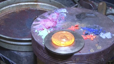 Shaping Hot Glass by Hand During Traditional Glassmaking Stock Footage 345134572