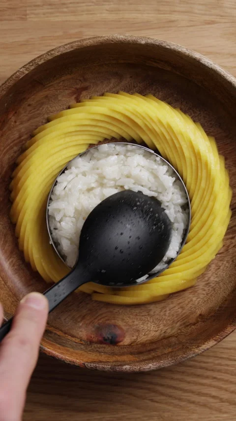 Shaping Sticky Rice With Silicone Spoon On Plate Vertical Top View Видео 335775331