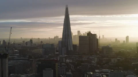 Shard Jewel of the Capital, Aerial View Shot of London, United Kingdom, sunrise Stock Footage 318598674