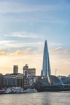 The Shard at sunset, seen behind the River Thames, Tower Hamlets, London, Stock Photos