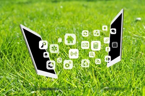 Share apps between digital devices or tablets Stock Photos