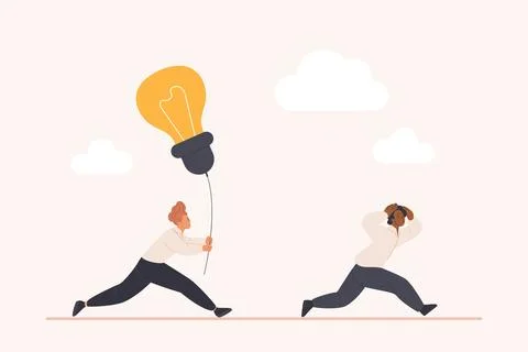 Share bad idea, wrong information and tips, man with light bulb running after Stock Illustration