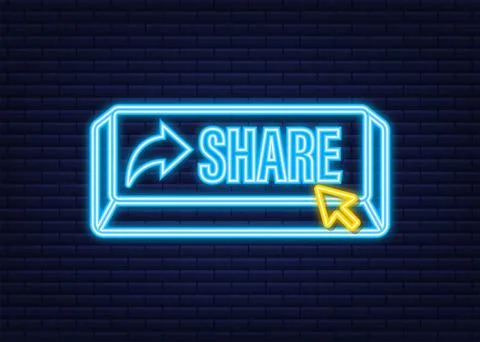 Share button in flat style on blue background. Neon icon. Social media. Vector Illustrazione stock