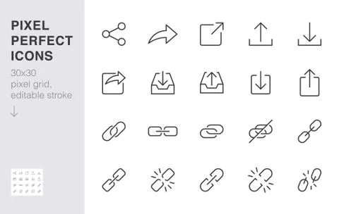 Share button line icon set. Link, broken hyperlink, download, publish, attach Stock-Illustration