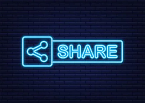 Share button in neon style on blue background. Social media. Vector stock Illustrazione stock